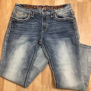 Rock Revival Men’s REMEDY STRAIGHT Distressed Denim Jeans Sz 38 Nice Accents